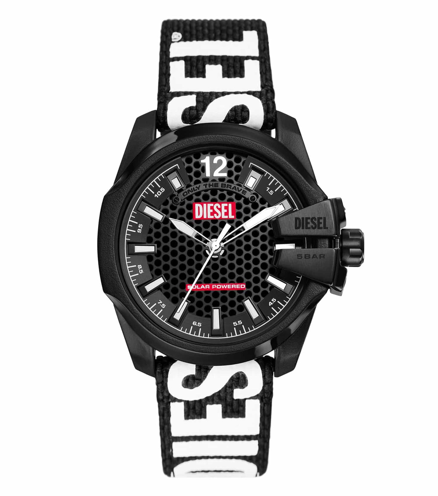 Diesel watch with chief color, front-facing angle showcasing detailed face, durable strap, and intricate design elements.