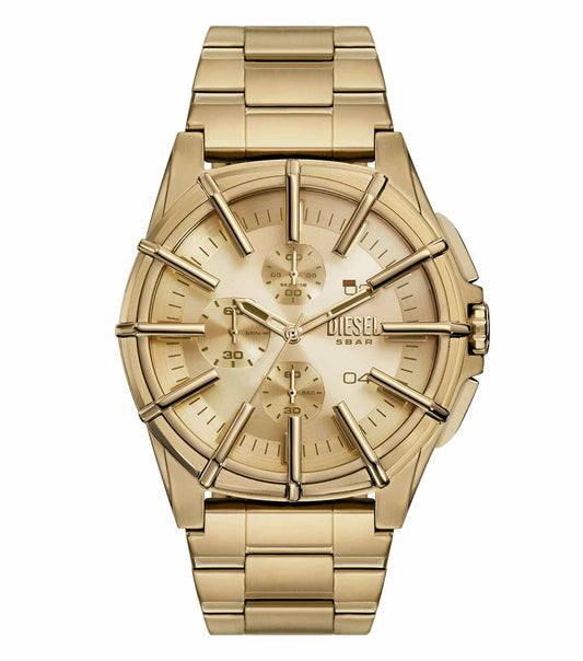 Diesel watch DZ4659 in a monochrome design, angled from the front, showcasing its intricate dial and bold masculine aesthetics.
