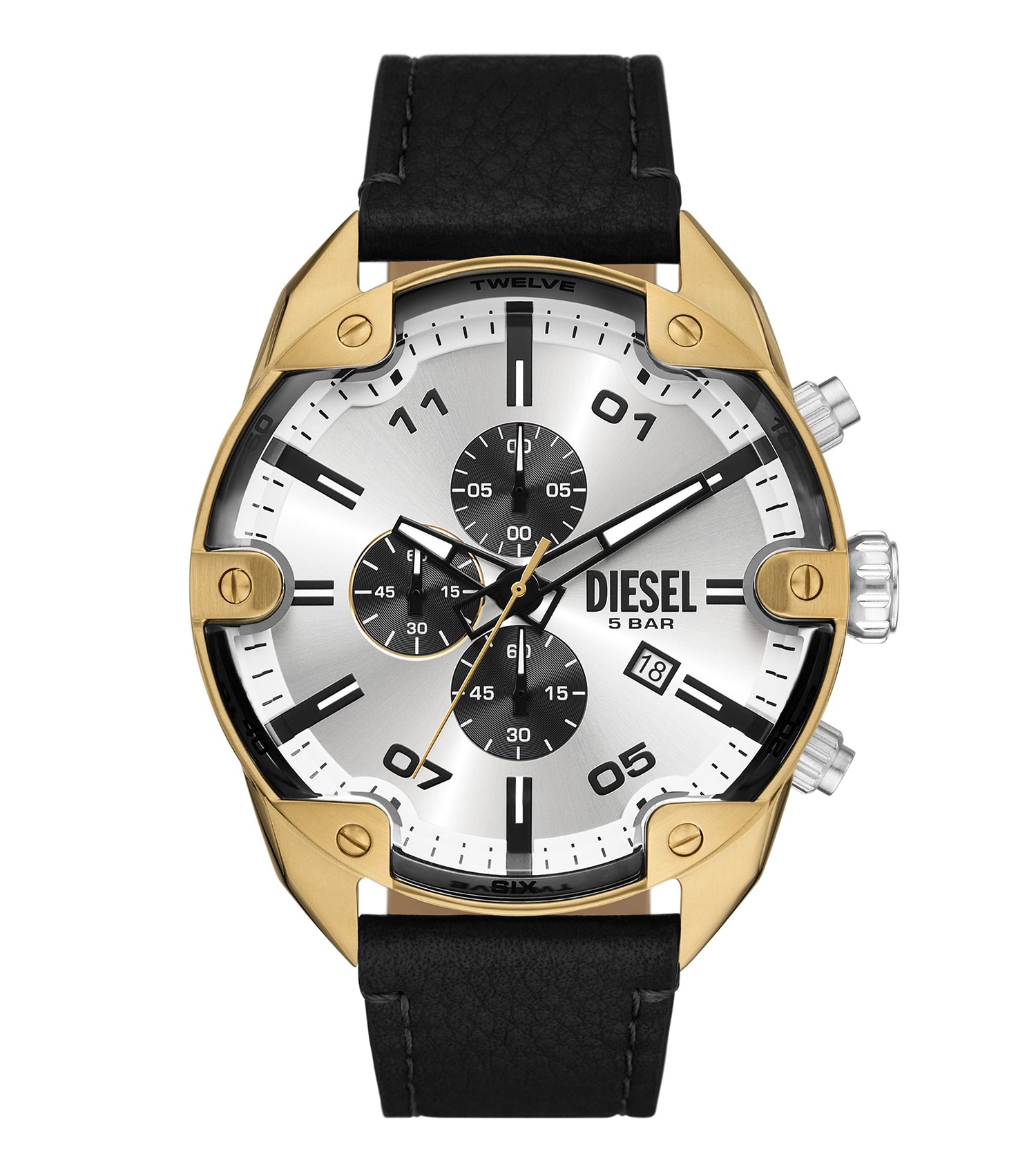 Diesel Quartz Watch - Side View of Sleek Silver Design with Leather Strap, Showcasing Innovative Craftsmanship and Style.