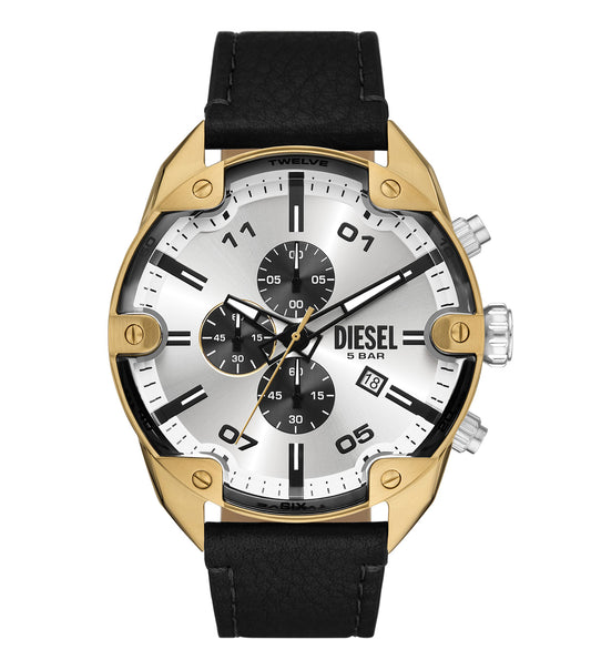 Diesel Quartz Watch - Side View of Sleek Silver Design with Leather Strap, Showcasing Innovative Craftsmanship and Style.