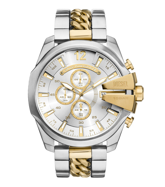 Diesel watch DZ4672 angled front view, featuring a sleek dark-toned strap and luminous dial, embodying bold elegance.
