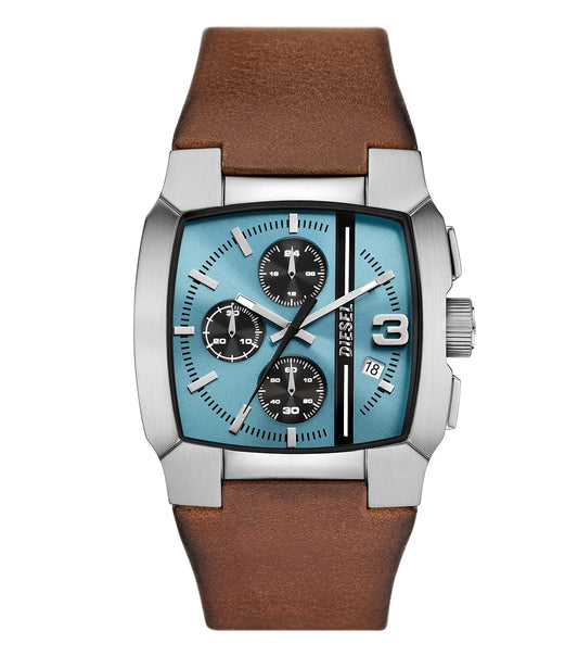 Diesel quartz watch in sleek black, front angle view with bold face and durable strap, showcasing modern craftsmanship.