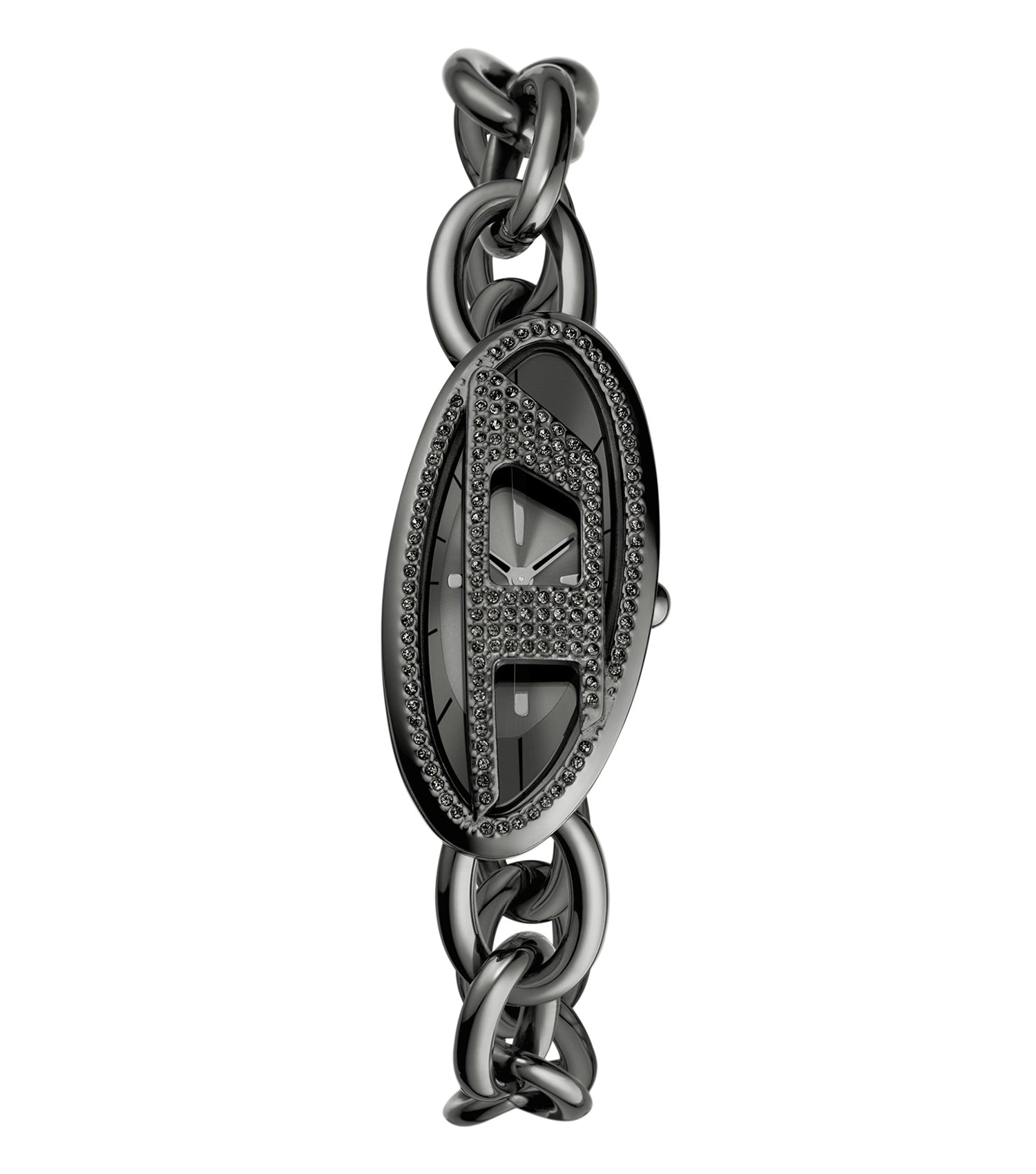 Passionately sleek Diesel black watch, showcasing a bold design and circular face at a 38-degree angle against a white background.