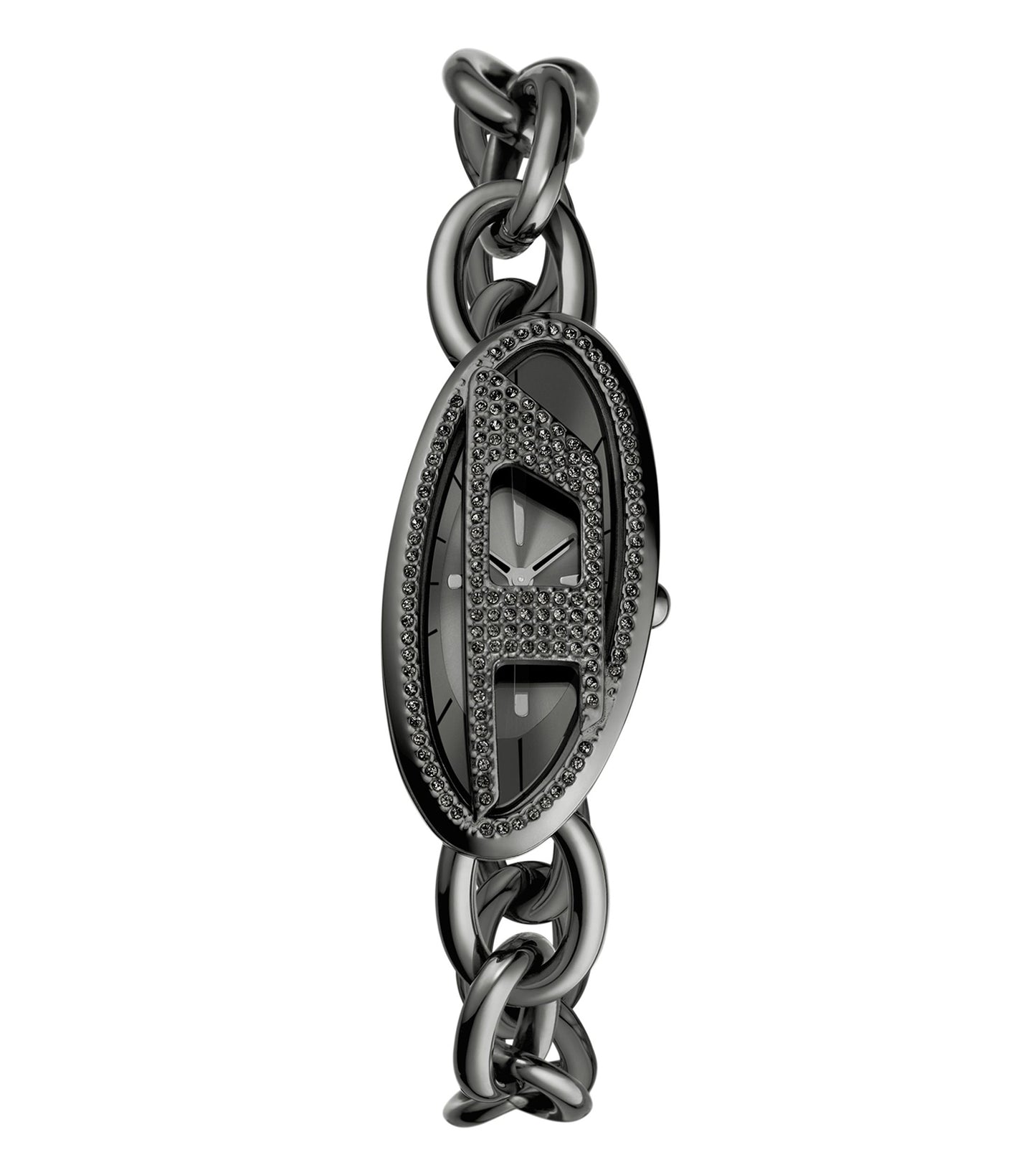 Passionately sleek Diesel black watch, showcasing a bold design and circular face at a 38-degree angle against a white background.