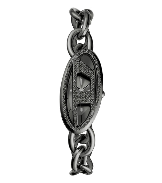 Passionately sleek Diesel black watch, showcasing a bold design and circular face at a 38-degree angle against a white background.