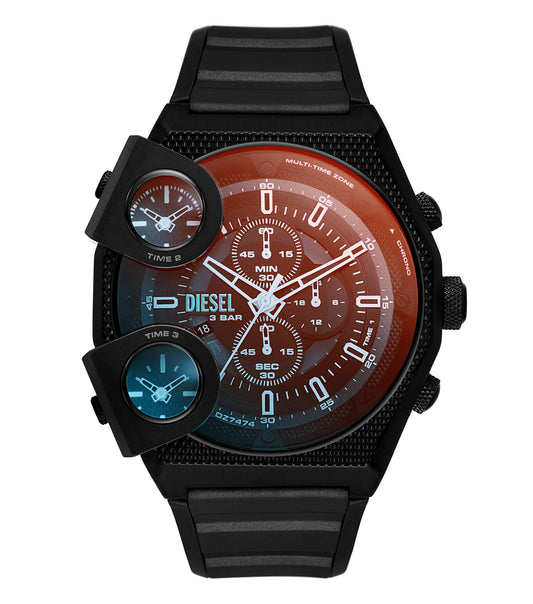 Diesel men's watch with a bold black face and silver-tone bracelet, showcased in a striking front angle view.