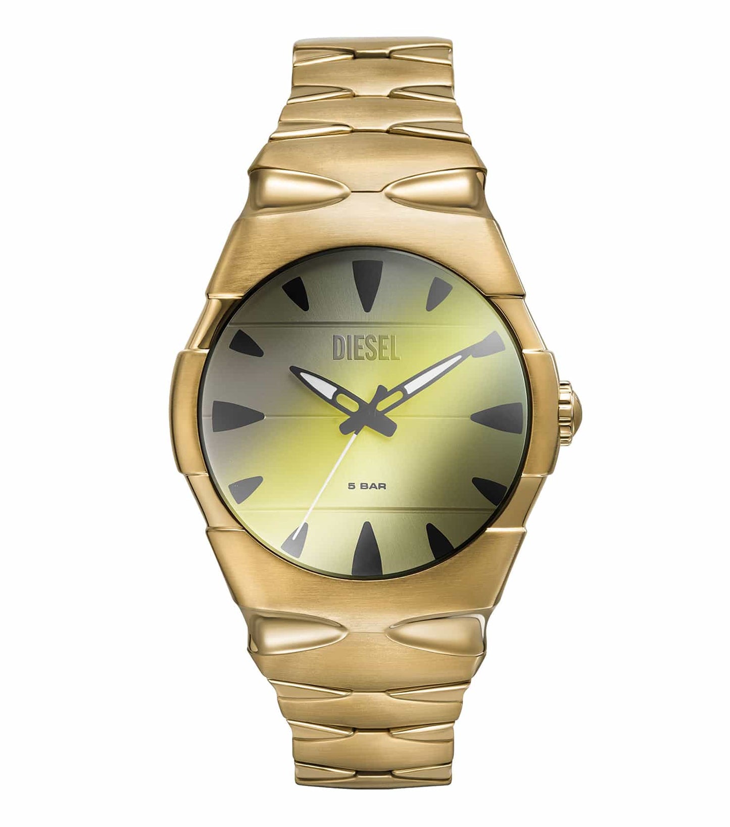 Diesel quartz watch with silver details, viewed from the front angle, showcasing a fashionable modern design on a neutral background.