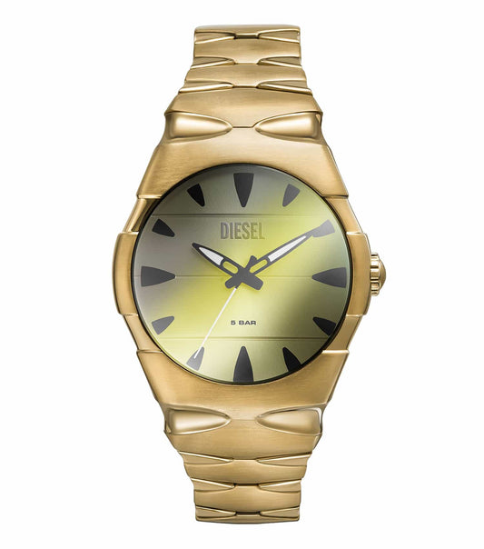 Diesel quartz watch with silver details, viewed from the front angle, showcasing a fashionable modern design on a neutral background.