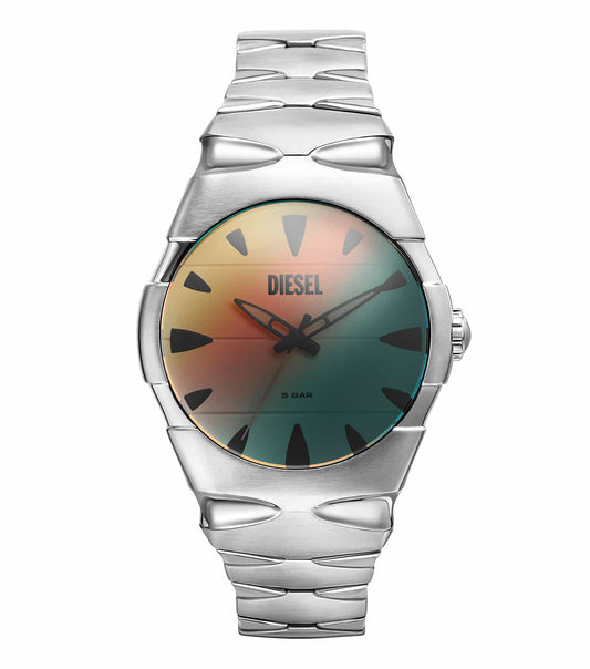 Diesel watch in black, front-angle view; showcases bold design with silver accents, highlighting Diesel's innovative style.