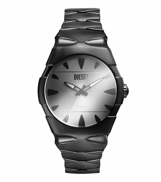 Diesel black watch with a modern, bold design featuring a sleek round dial at a close-up angle, perfect for trendsetters.