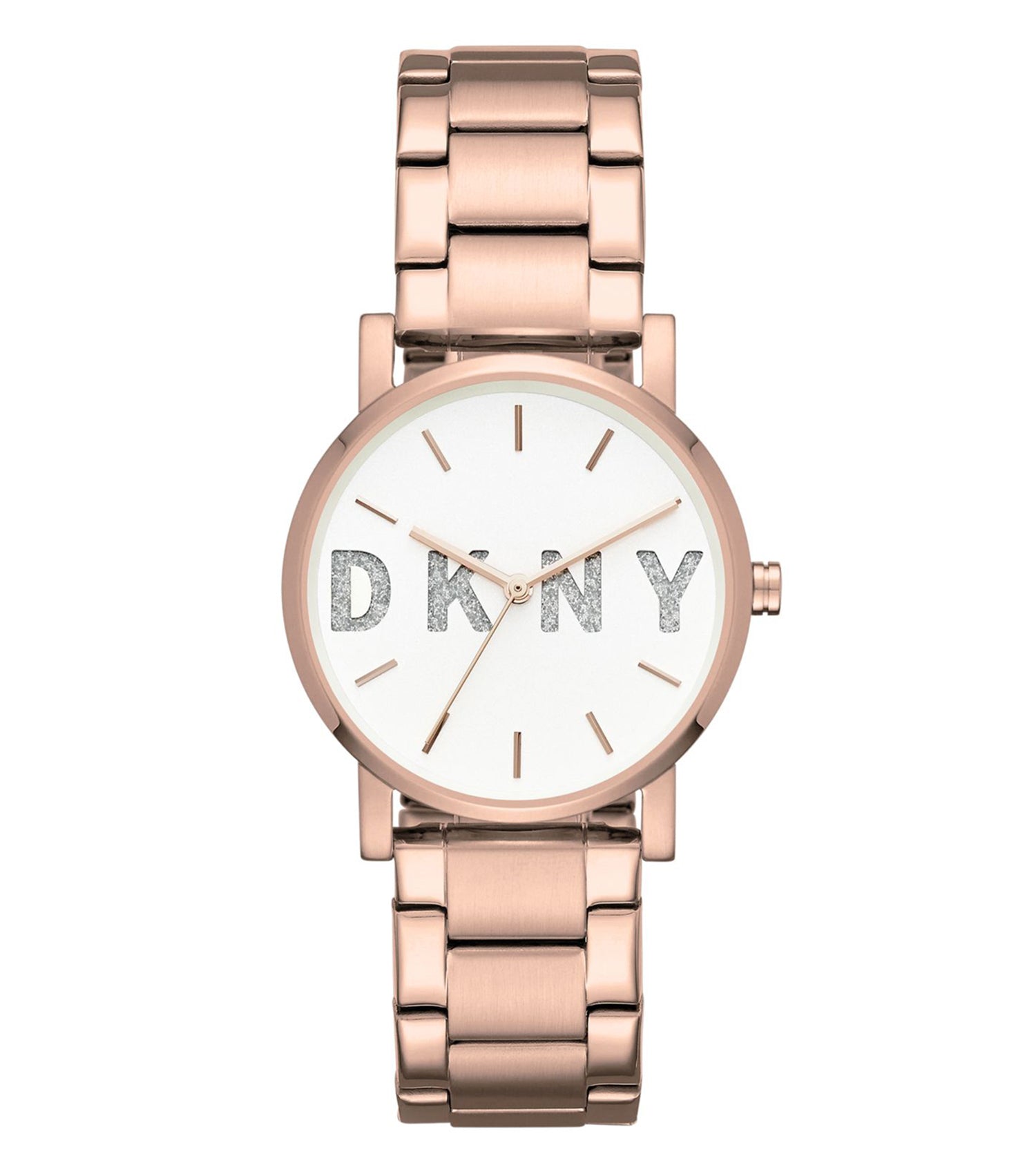 DKNY Quartz Watch in elegant beige color, captured from a 34-degree angle, showcasing sleek minimalist design and modern elegance.