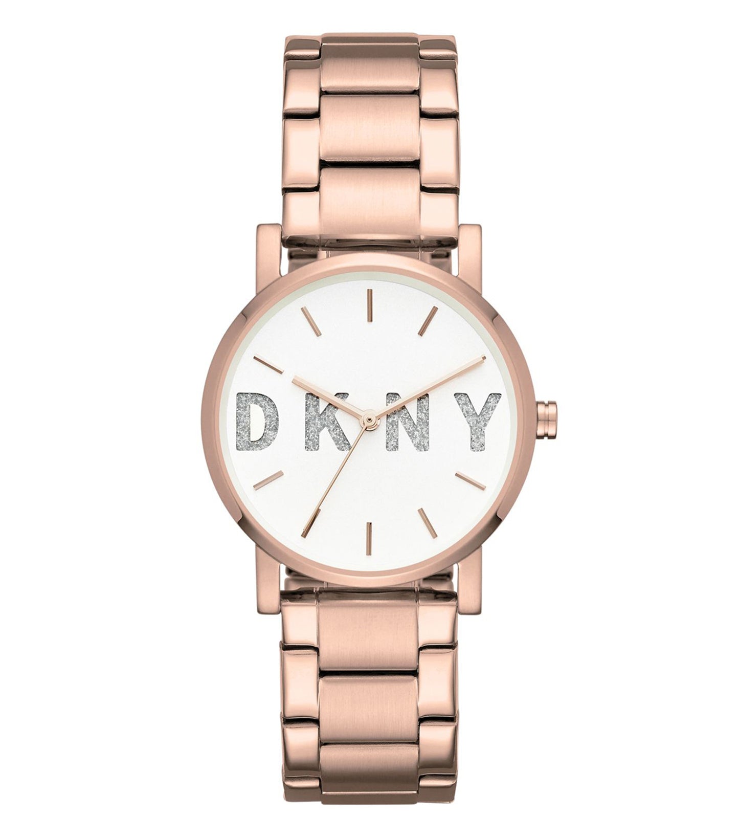 DKNY Quartz Watch in elegant beige color, captured from a 34-degree angle, showcasing sleek minimalist design and modern elegance.