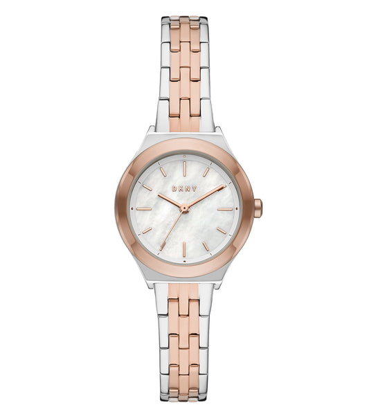 DKNY watch in a neutral tone, front-angle view highlighting its minimalist design, silver mesh strap, and sleek round face.