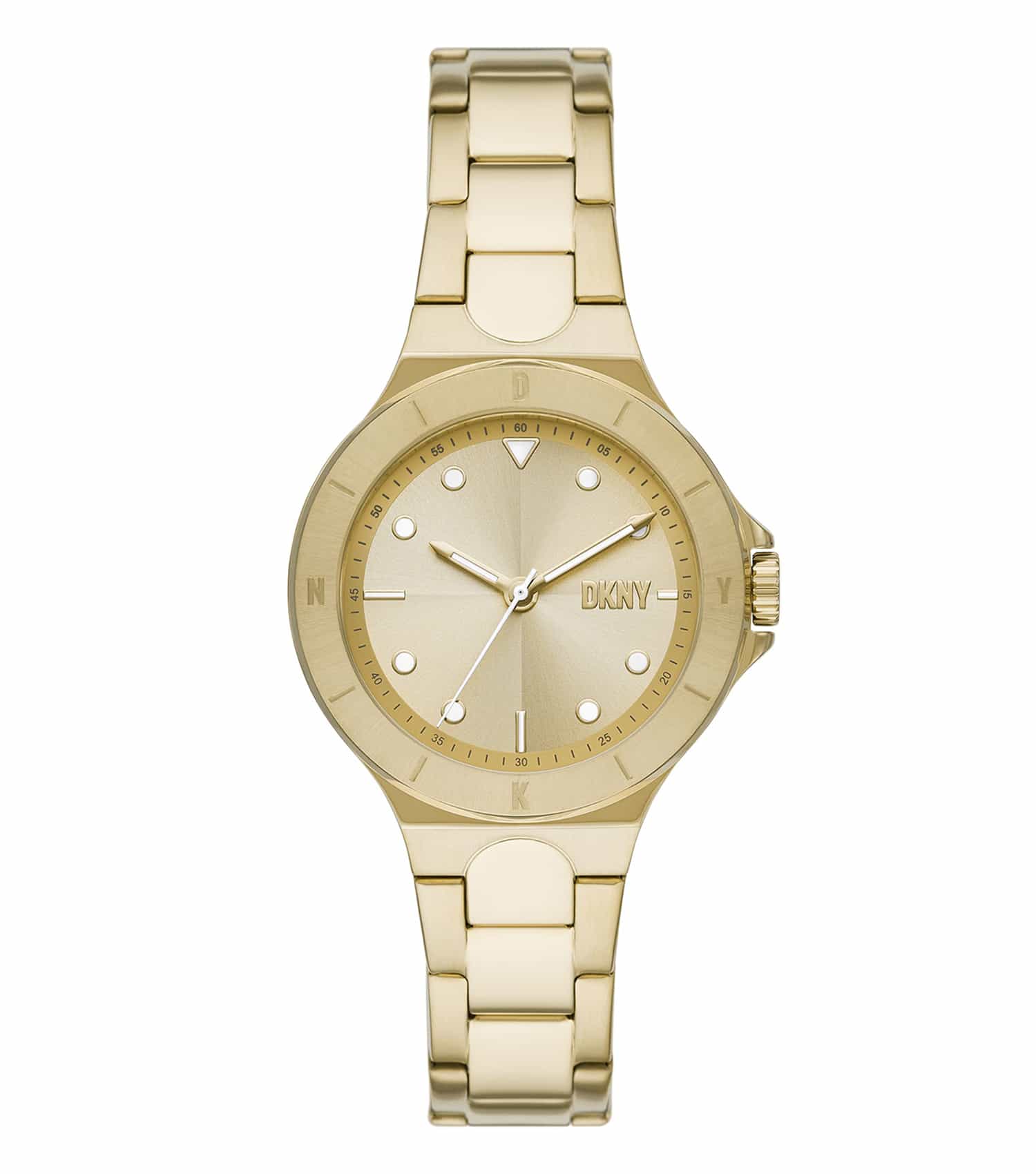 Sleek DKNY watch in elegant silver, showcasing a refined round dial and classic bracelet design, angled at 34 degrees, perfect for fashion-forward enthusiasts.
