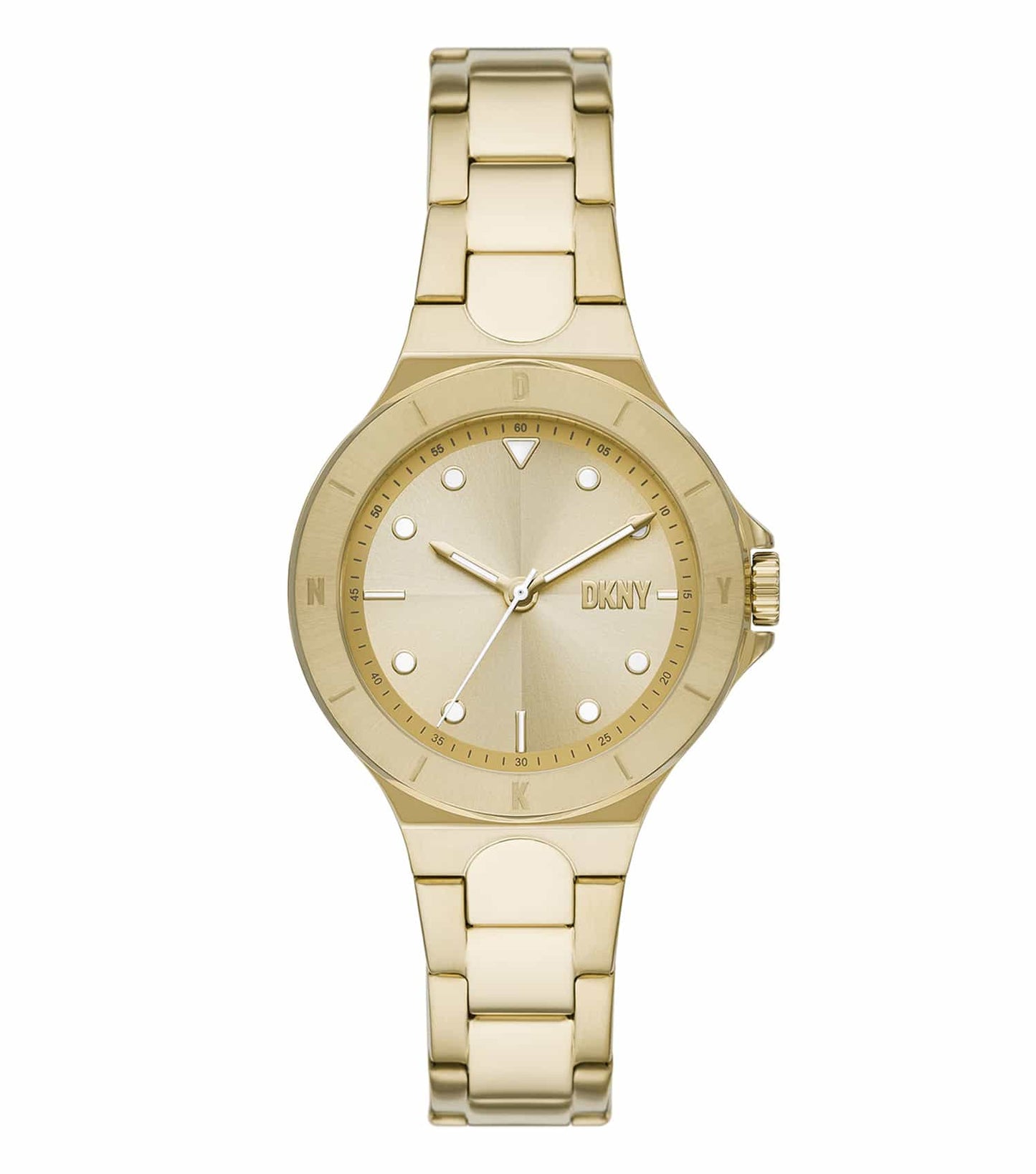 Sleek DKNY watch in elegant silver, showcasing a refined round dial and classic bracelet design, angled at 34 degrees, perfect for fashion-forward enthusiasts.