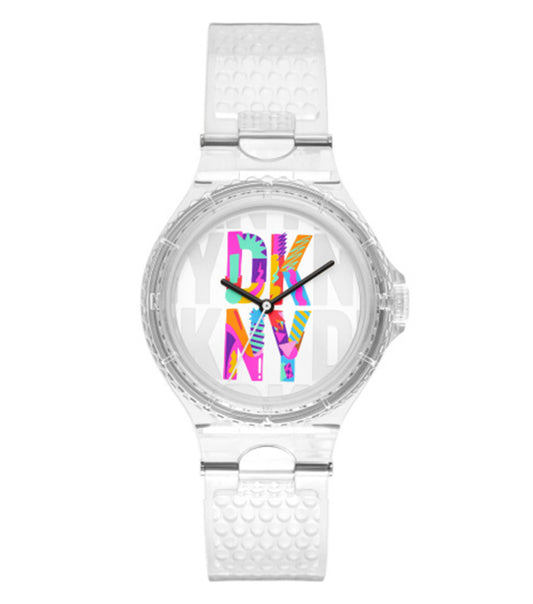 Elegant DKNY watch with a none-colored strap, viewed at a 36-degree angle, showcasing minimalistic face design and sleek lines.