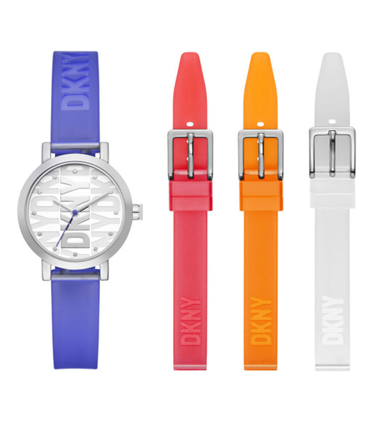 DKNY gold-tone Soho watch set against a plain background, showcasing a close-up side view, highlighting its elegant design.