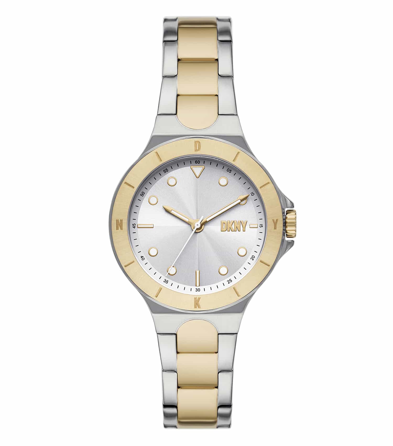 DKNY Two-Tone Watch, elegant close-up angle showing silver and gold design, white dial, perfect blend of classic and modern style.