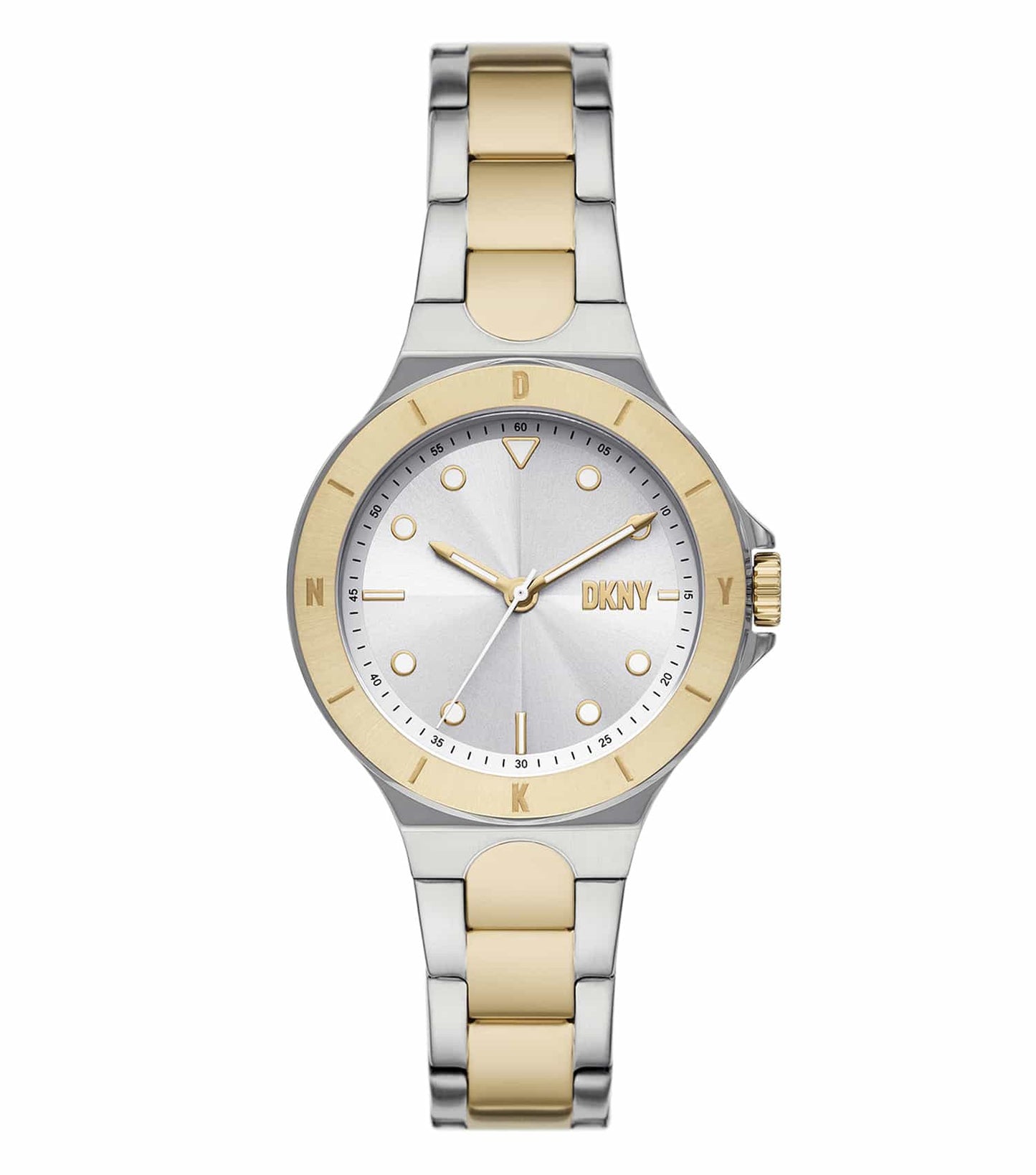 DKNY Two-Tone Watch, elegant close-up angle showing silver and gold design, white dial, perfect blend of classic and modern style.