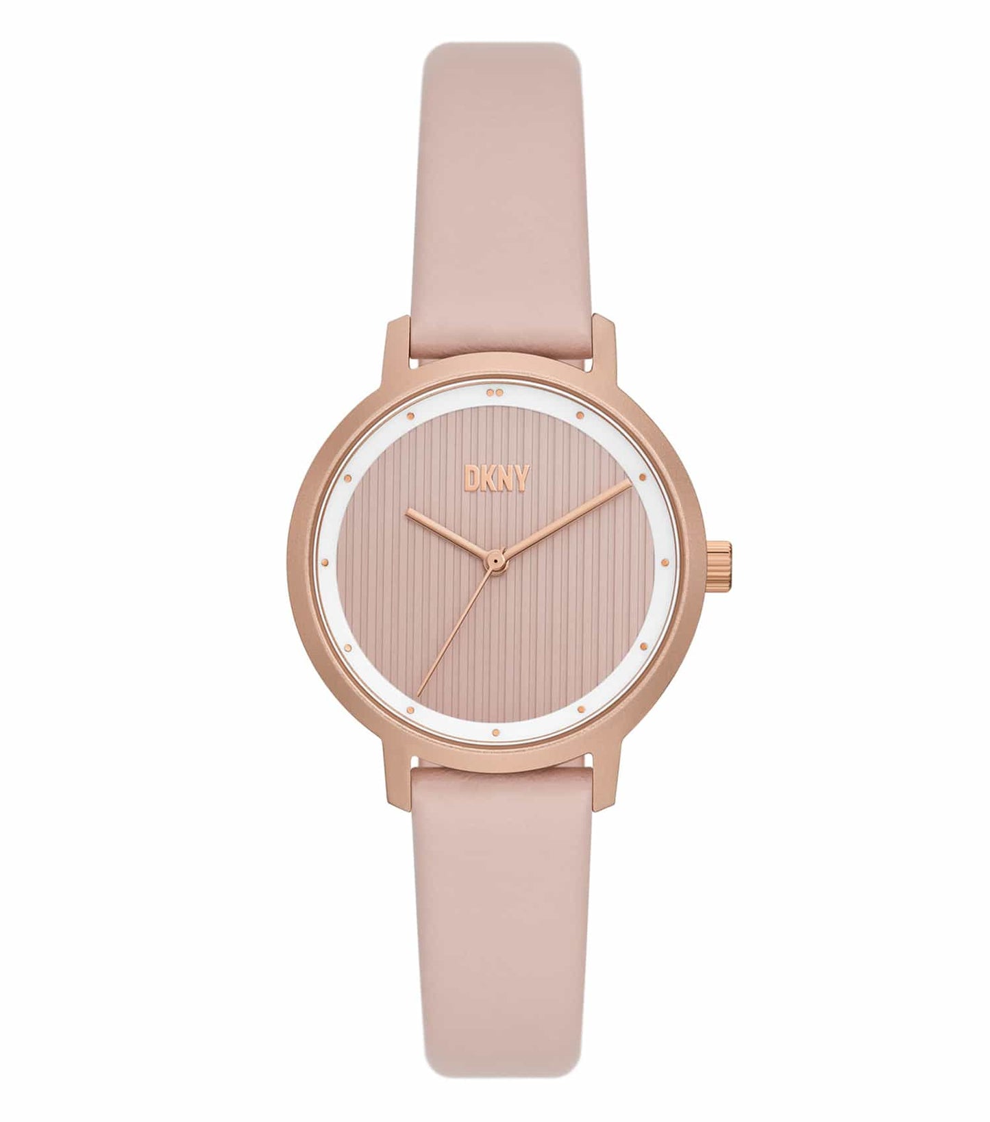 DKNY Quartz Color Watch, side angle; showcasing elegant design with smooth silver tones, stylishly crafted details and iconic branding.