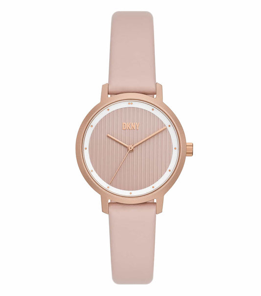 DKNY Quartz Color Watch, side angle; showcasing elegant design with smooth silver tones, stylishly crafted details and iconic branding.