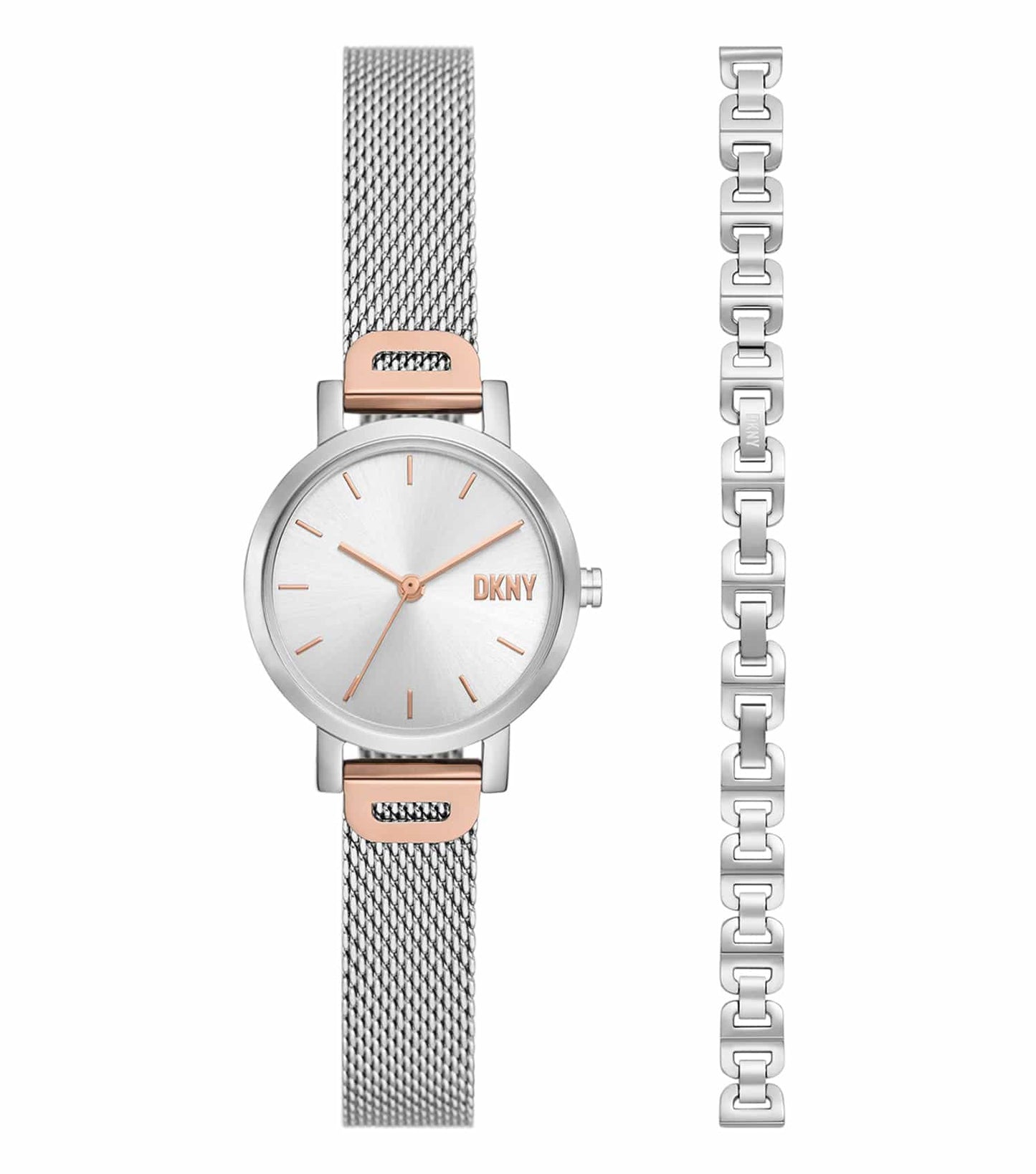 DKNY Quartz watch in rose gold, side angle view showcasing sleek band and minimalist dial, perfect blend of elegance and style.