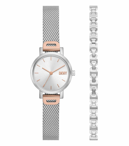DKNY Quartz watch in rose gold, side angle view showcasing sleek band and minimalist dial, perfect blend of elegance and style.