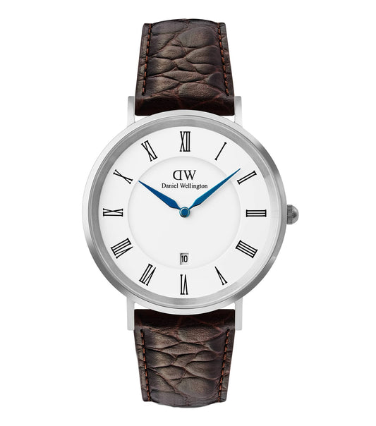 Classic Roman Numerals Date Dark Brown Croc Belly Silver