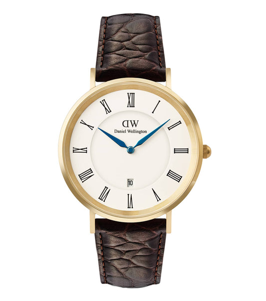 Classic Roman Numerals Date Dark Brown Croc Belly Gold