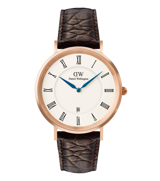 Classic Roman Numerals Date Dark Brown Croc Belly Rose Gold