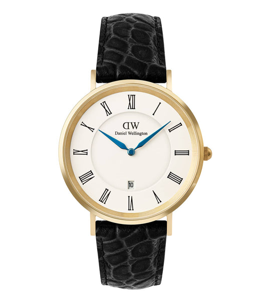 Classic Roman Numerals Date Black Croc Belly Gold