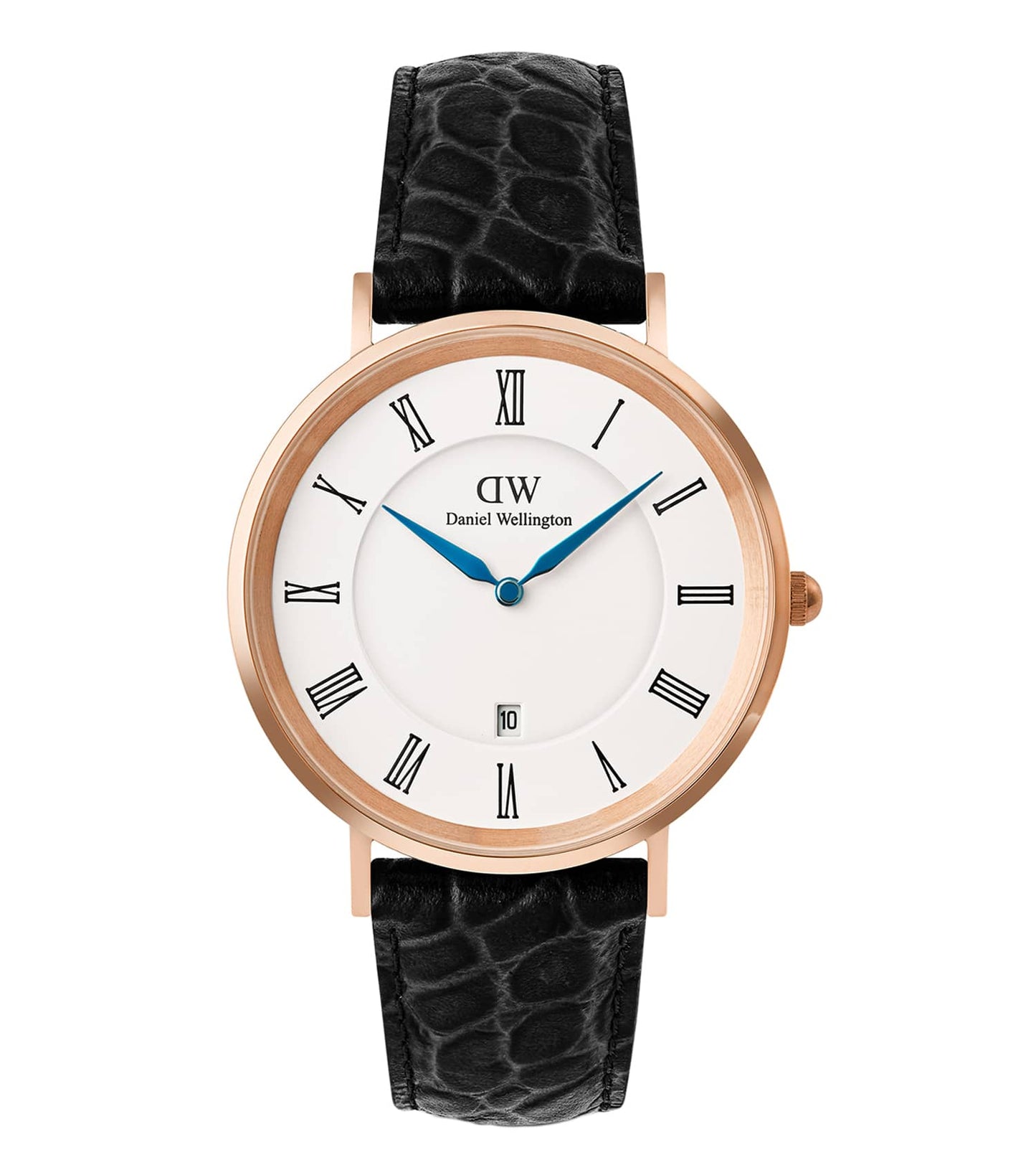 Classic Roman Numerals Date Black Croc Belly Rose Gold