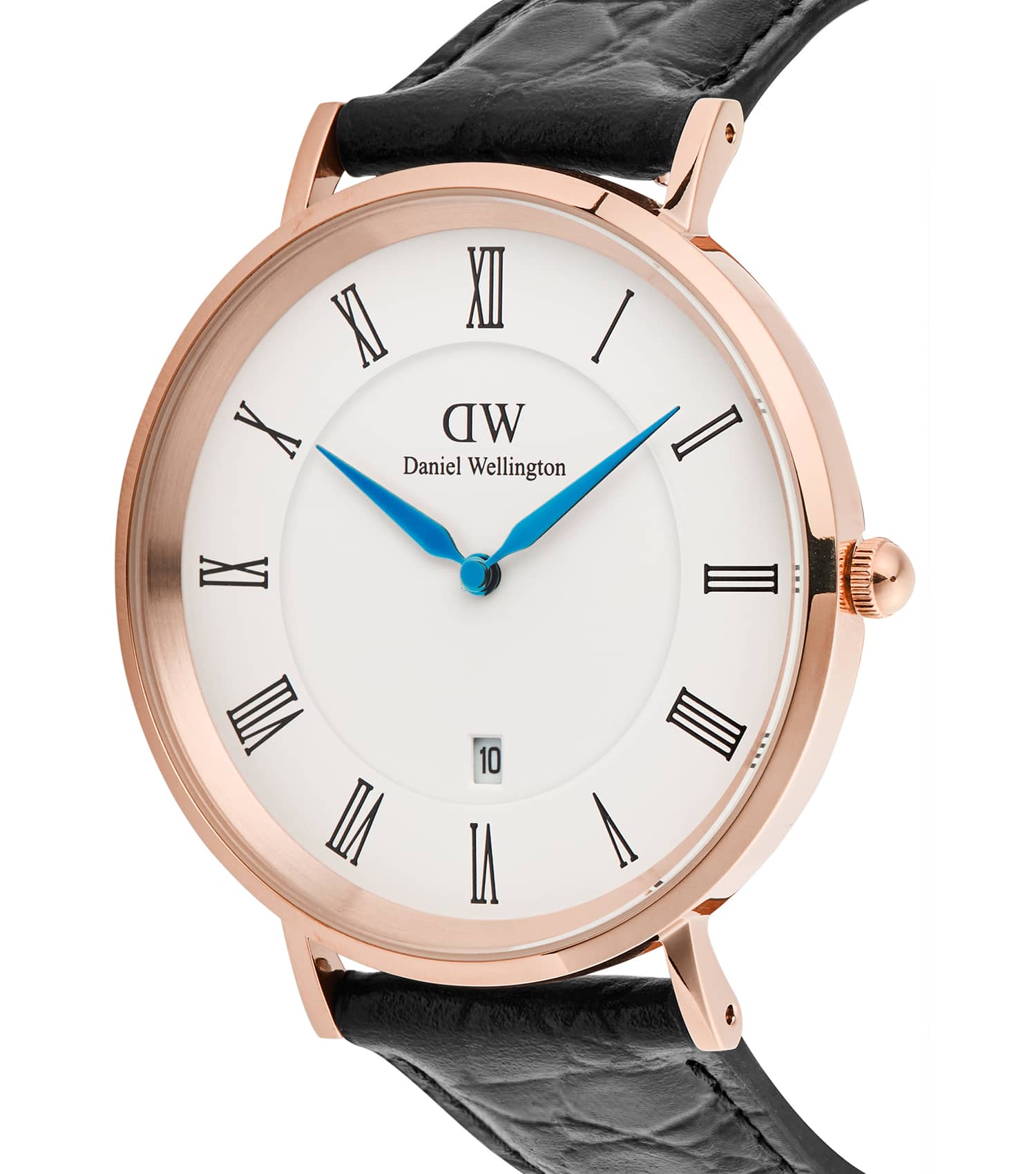 Classic Roman Numerals Date Black Croc Belly Rose Gold