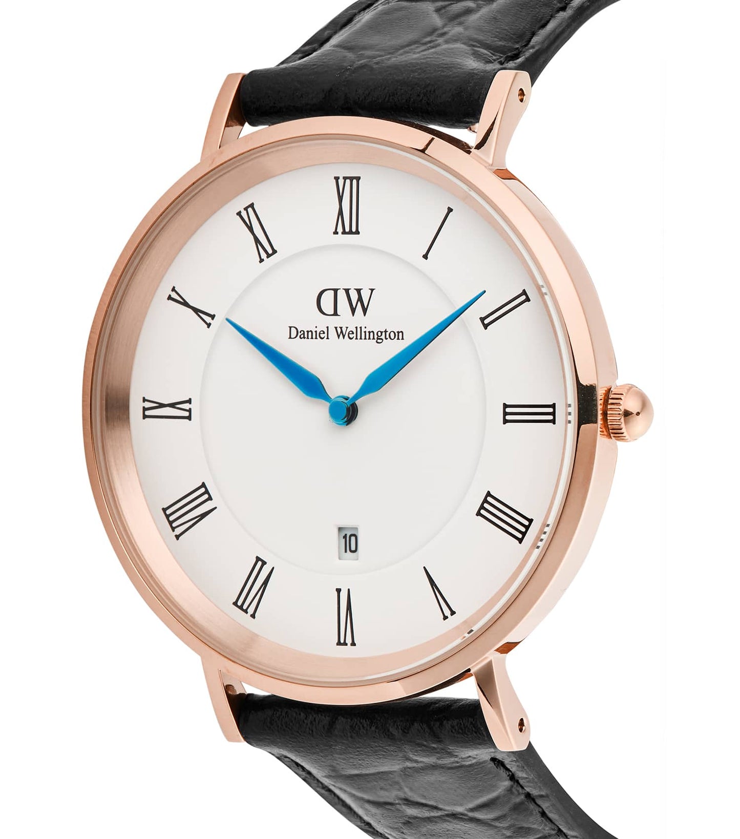 Classic Roman Numerals Date Black Croc Belly Rose Gold