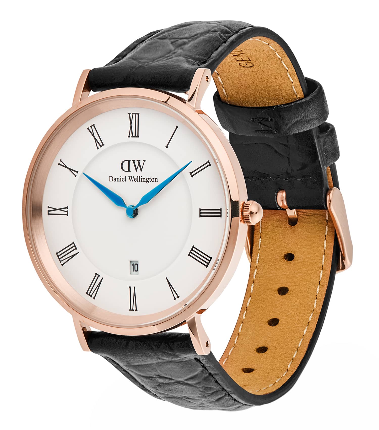Classic Roman Numerals Date Black Croc Belly Rose Gold