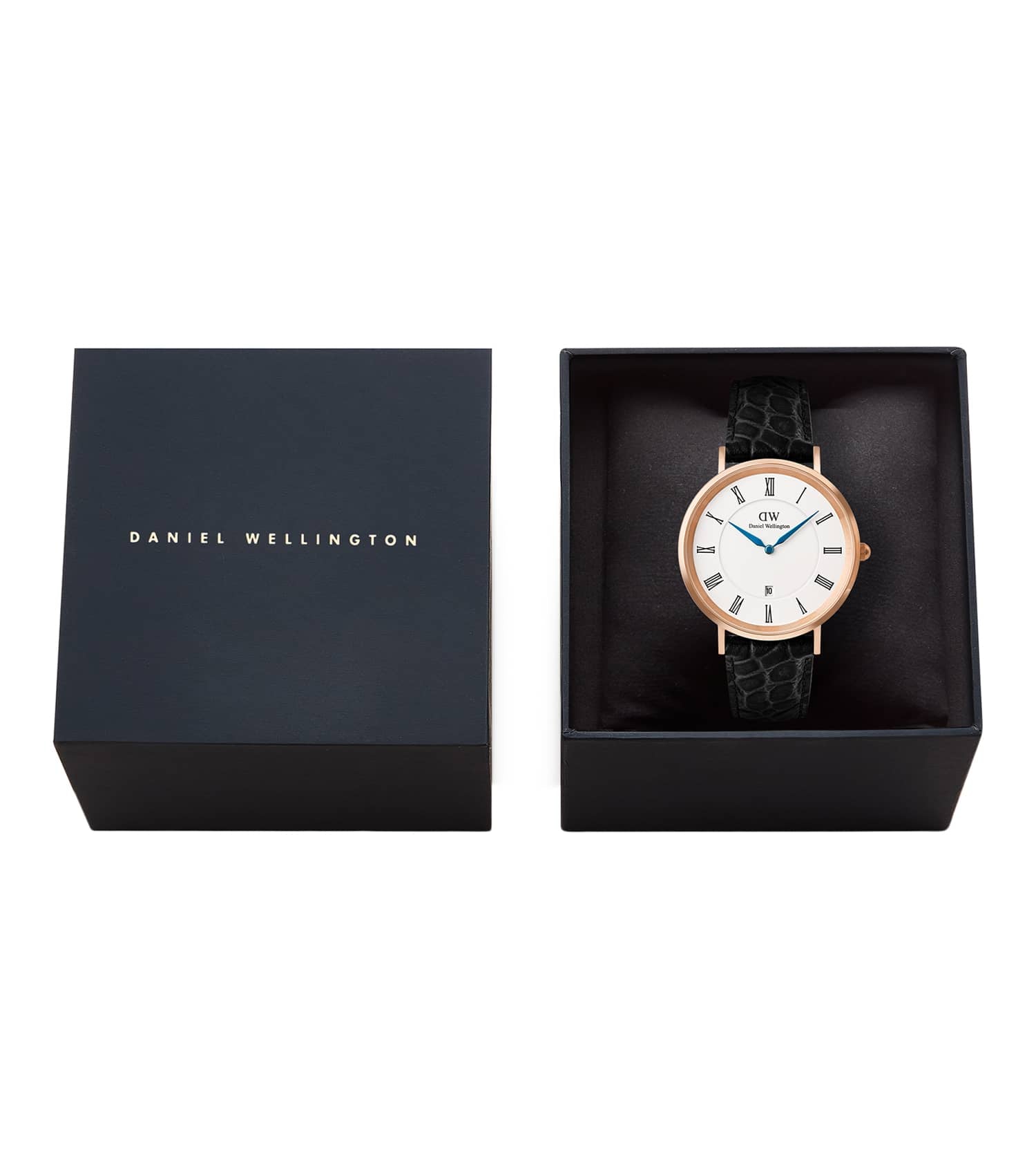 Classic Roman Numerals Date Black Croc Belly Rose Gold