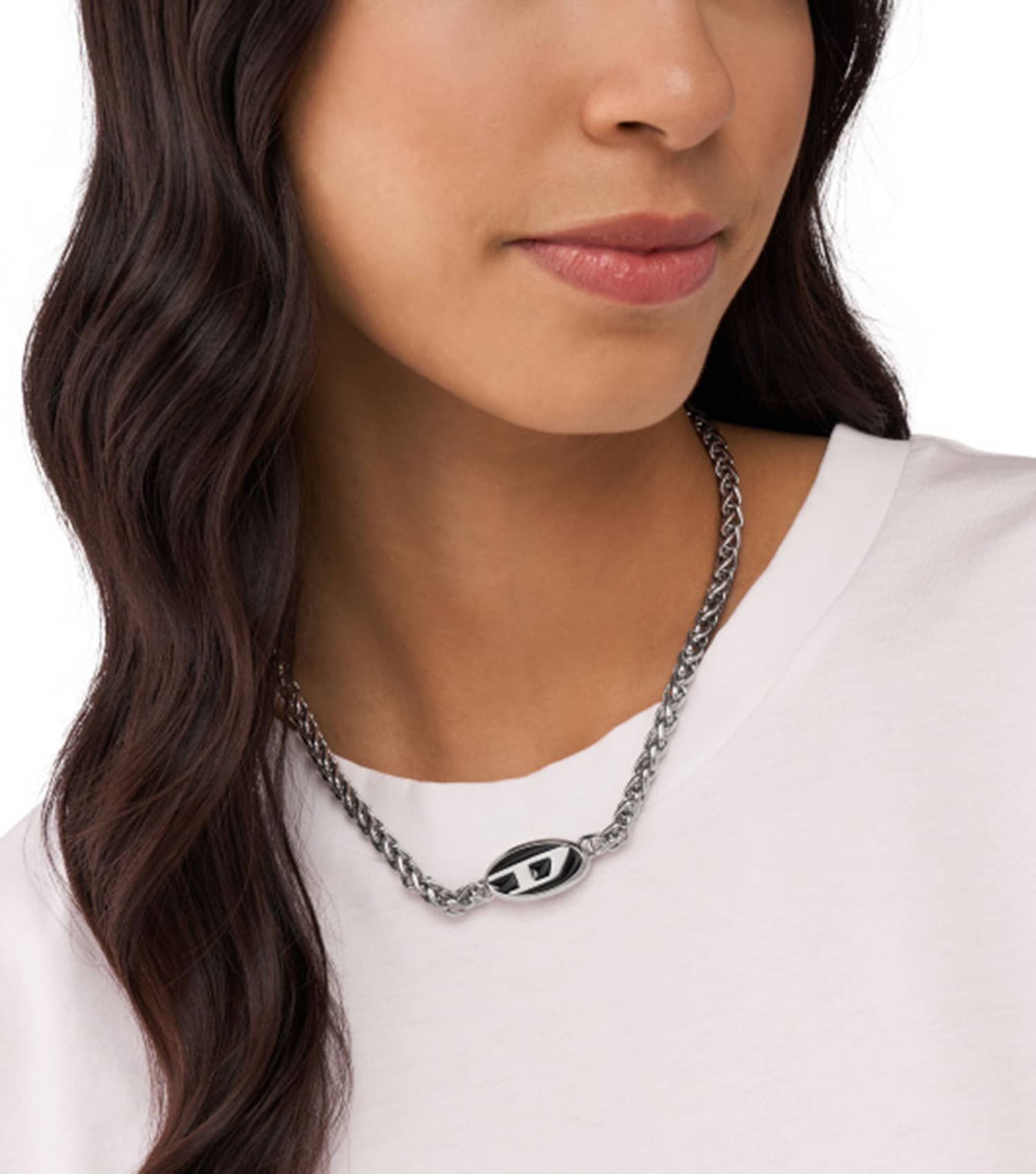 Men Oval D Logo Necklace Silver Steel