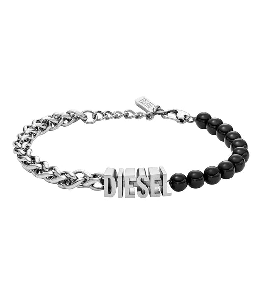 Diesel silver bracelet with a polished finish, showcasing a sleek modern design, captured from an overhead angle for an elegant view.