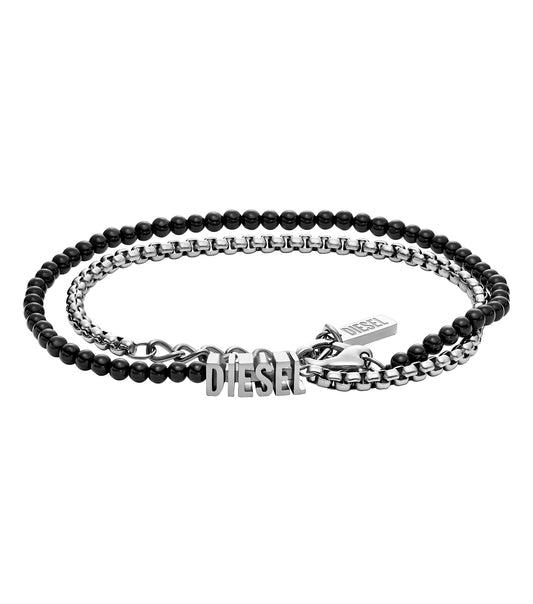 Silver Diesel bracelet showcasing a sleek design from a vertical angle, exuding elegance with its refined details and metallic sheen.