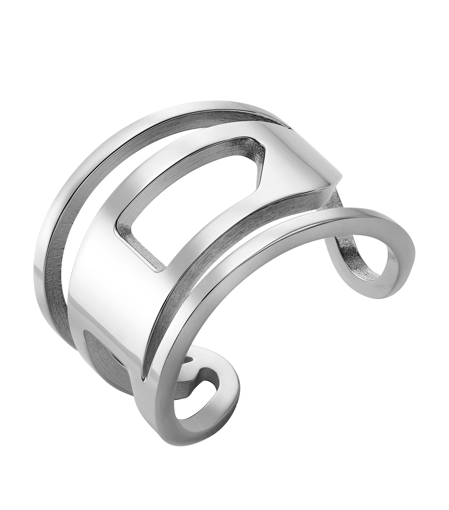 Diesel silver ring with embossed logo, angled view on white surface, reflecting light; a must-have accessory for fashion enthusiasts.