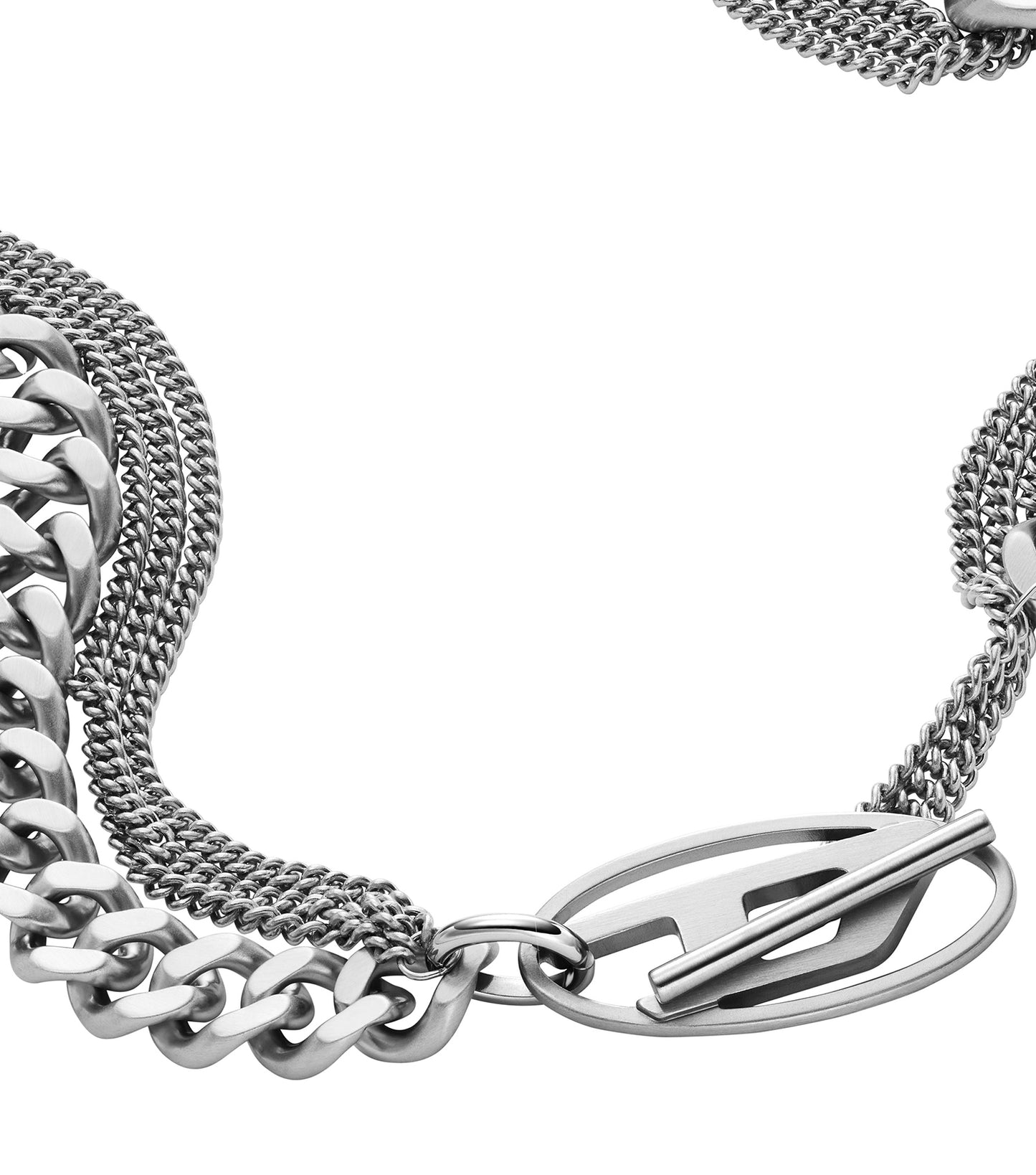 Silver Diesel necklace, showcased at a 45-degree angle, featuring a bold, intricate link design perfect for fashion-forward elegance.