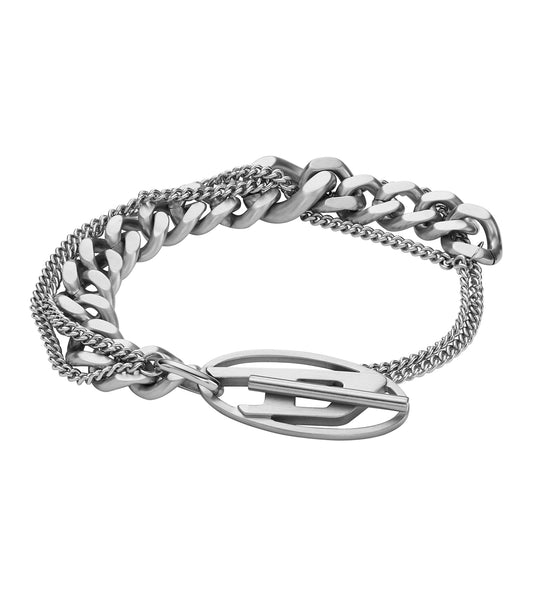 Diesel silver necklace, frontal view featuring sleek chain and signature brand pendant, embodying contemporary design elegance.
