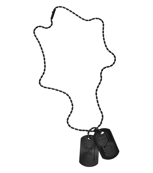 Diesel black necklace featuring a bold chain with pendant, showcased in a dynamic front angle, capturing modern elegance.