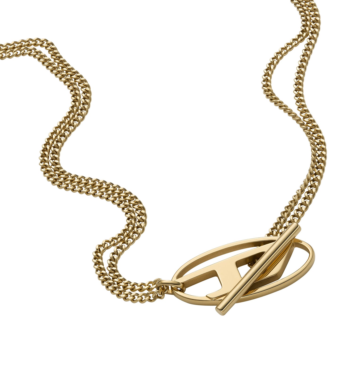 Diesel gold necklace with a bold chain design, showcased at a slightly tilted angle, giving a luxurious and stylish appearance.