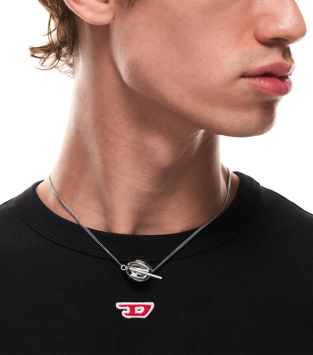 Unisex Oval D Logo Necklace Silver Stainless Steel