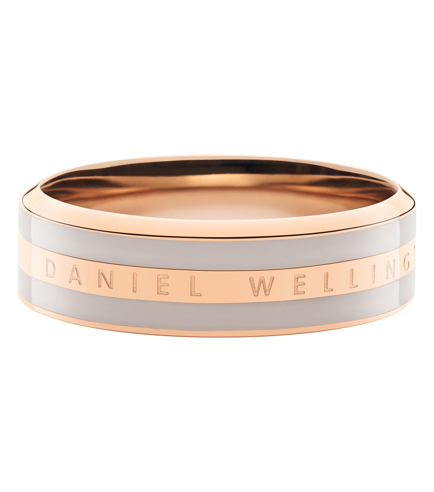 Daniel Wellington rose gold and white Emalie ring, side view showcasing elegance and craftsmanship, perfect for jewelry enthusiasts.