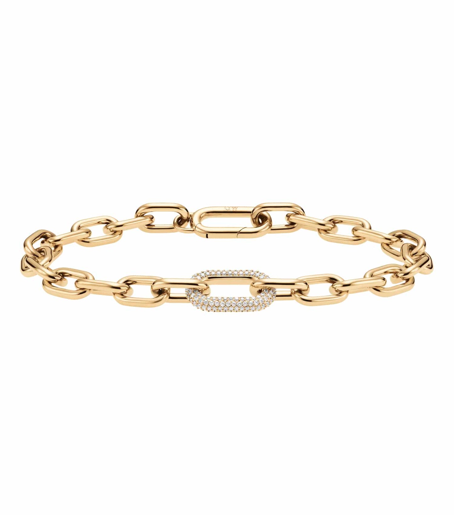Rose gold Daniel Wellington bracelet in a crystal link design, angled view showcasing sleek and elegant craftsmanship.