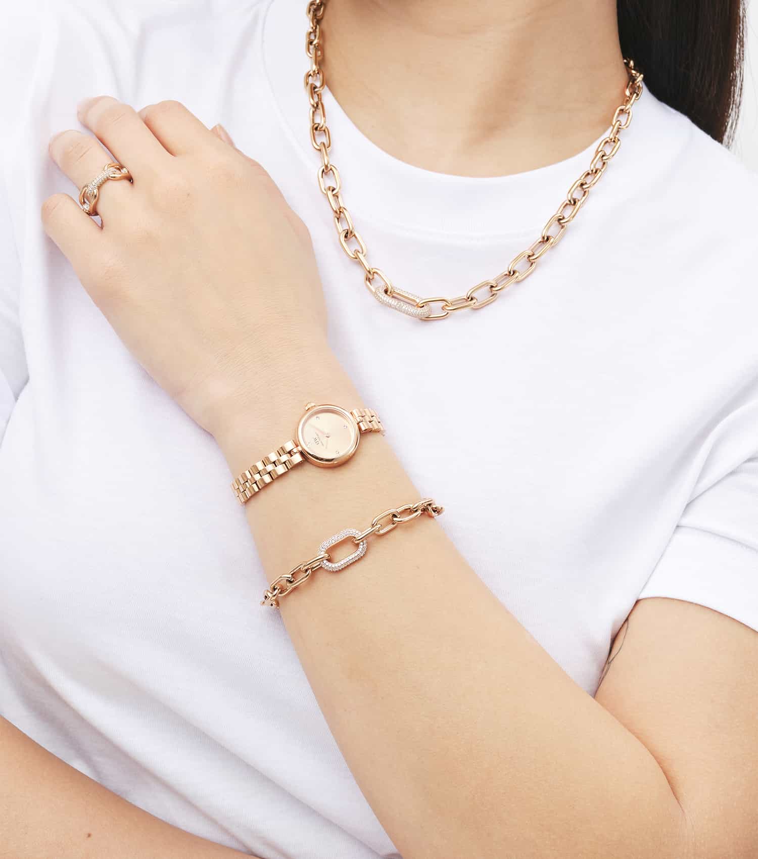 Women Crystal Link Bracelet Rose Gold Stainless Steel & Crystals