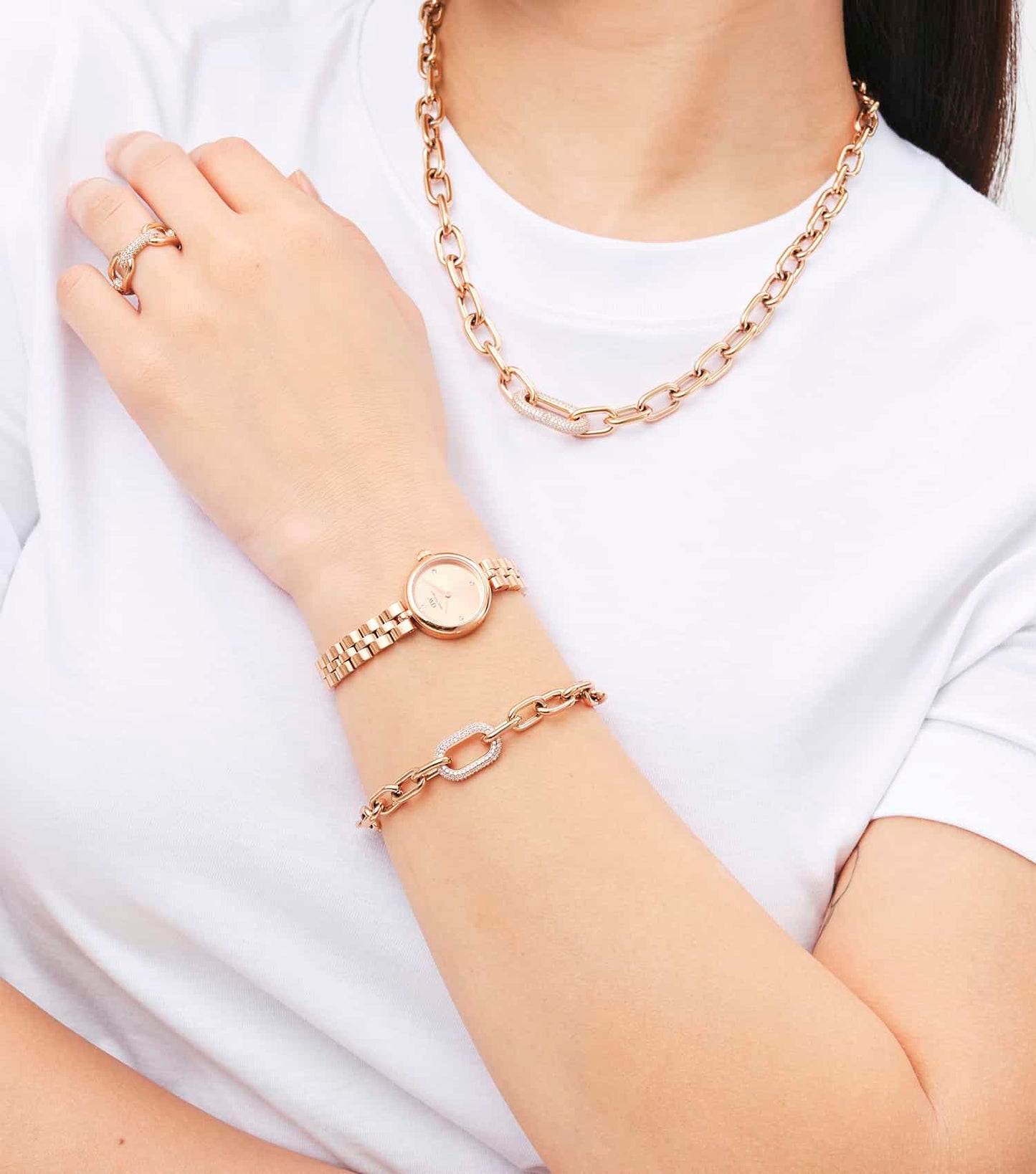 Women Crystal Link Bracelet Rose Gold Stainless Steel & Crystals