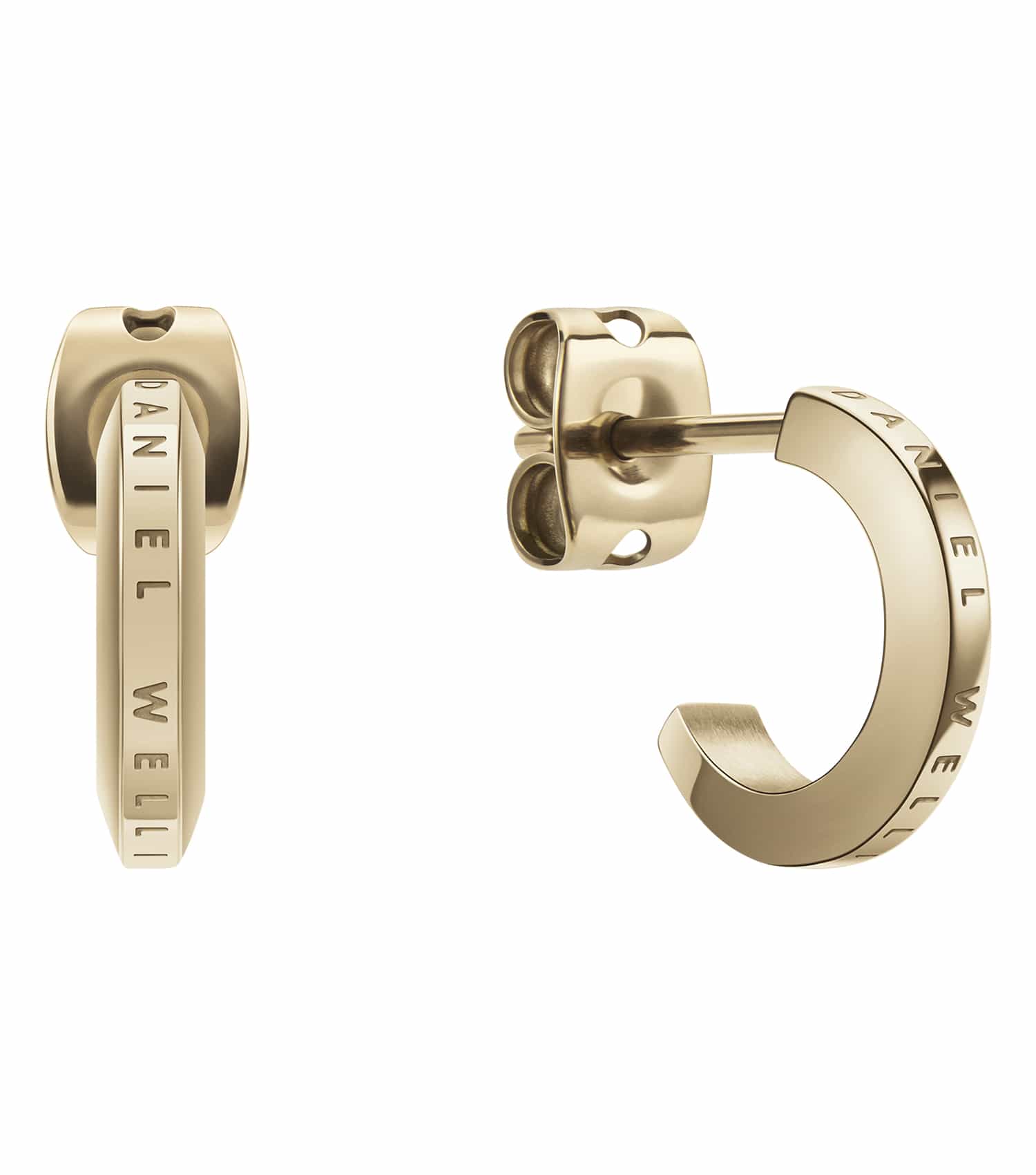 Silver Daniel Wellington earring on white background, close-up angle showcasing sleek design and polished finish.